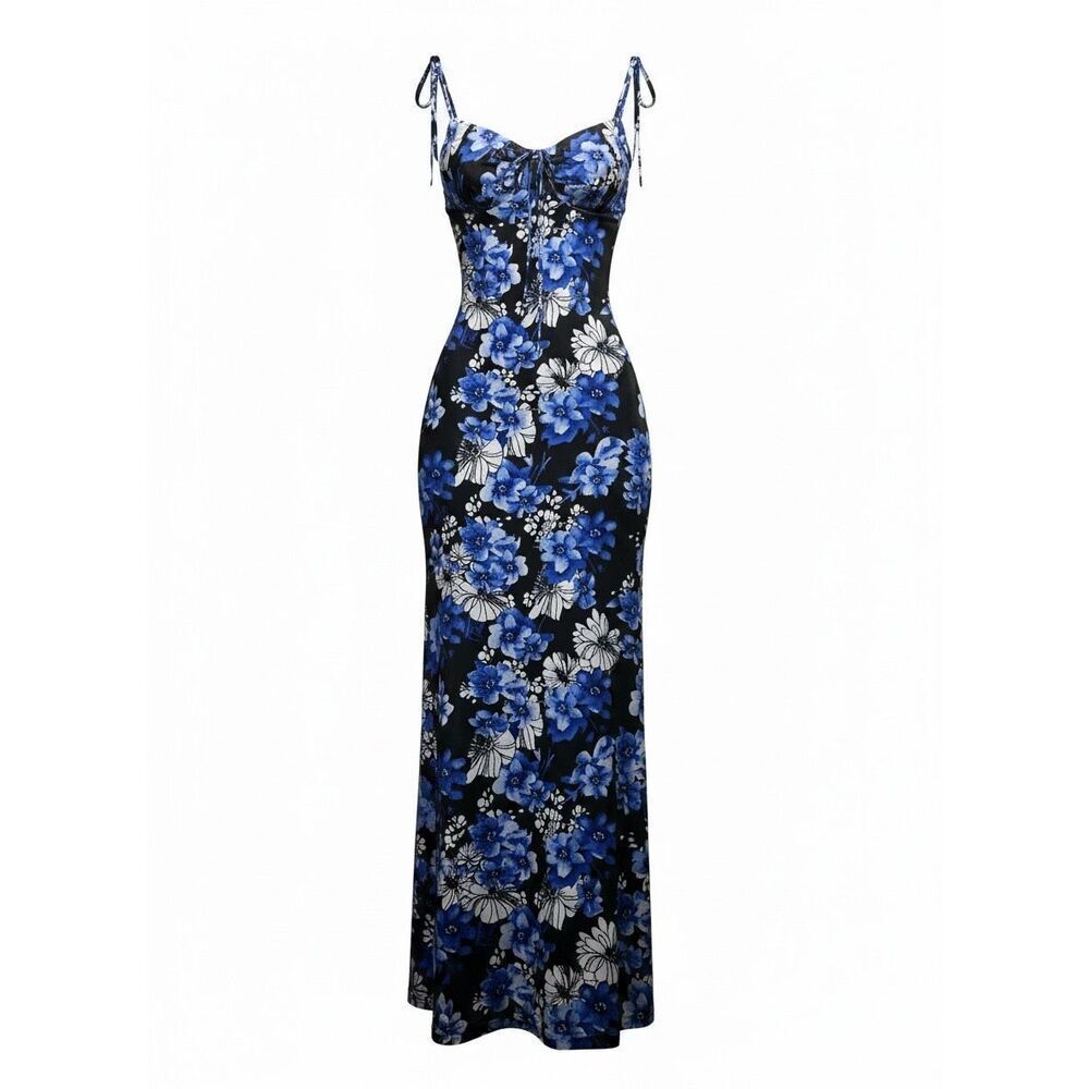 Parthea Floral Ruched Babydoll Y2K Milkmaid Mobwife Maxi Dress Blue Black M